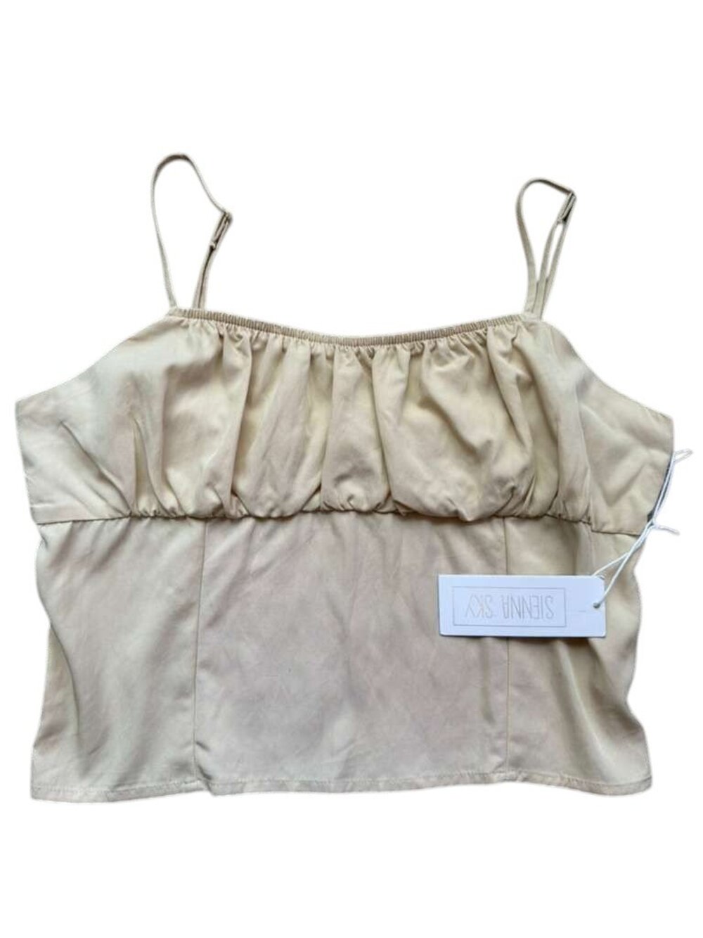 Sienna Sky Womens L Satin Crop Top Cami Beige Ruched Spaghetti Strap NWT.